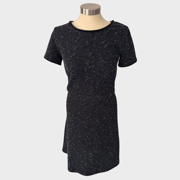 LOFT Women 4T Tall Dress Black White Pattern Short Sleeve Fit Flare - Picture 1 of 7